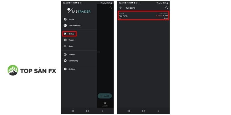 Giao diện Orders trên TabTrader