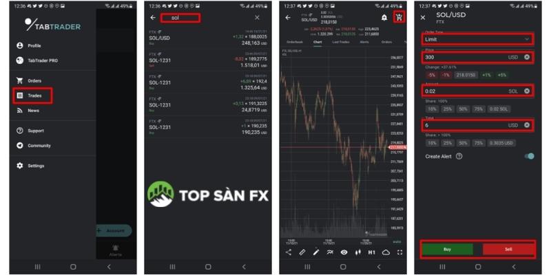 Giao diện Trades trên TabTrader